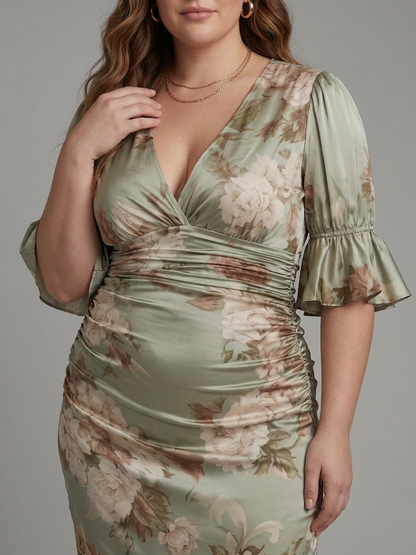 Wilhelmina | Robe Midi à Manches Courtes en V avec Taille Froncée