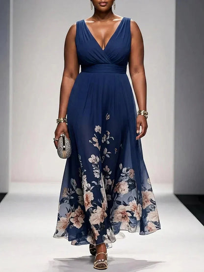 Salma | Robe Maxi Chiffon Fleurie Bleu Clair à Décolleté en V