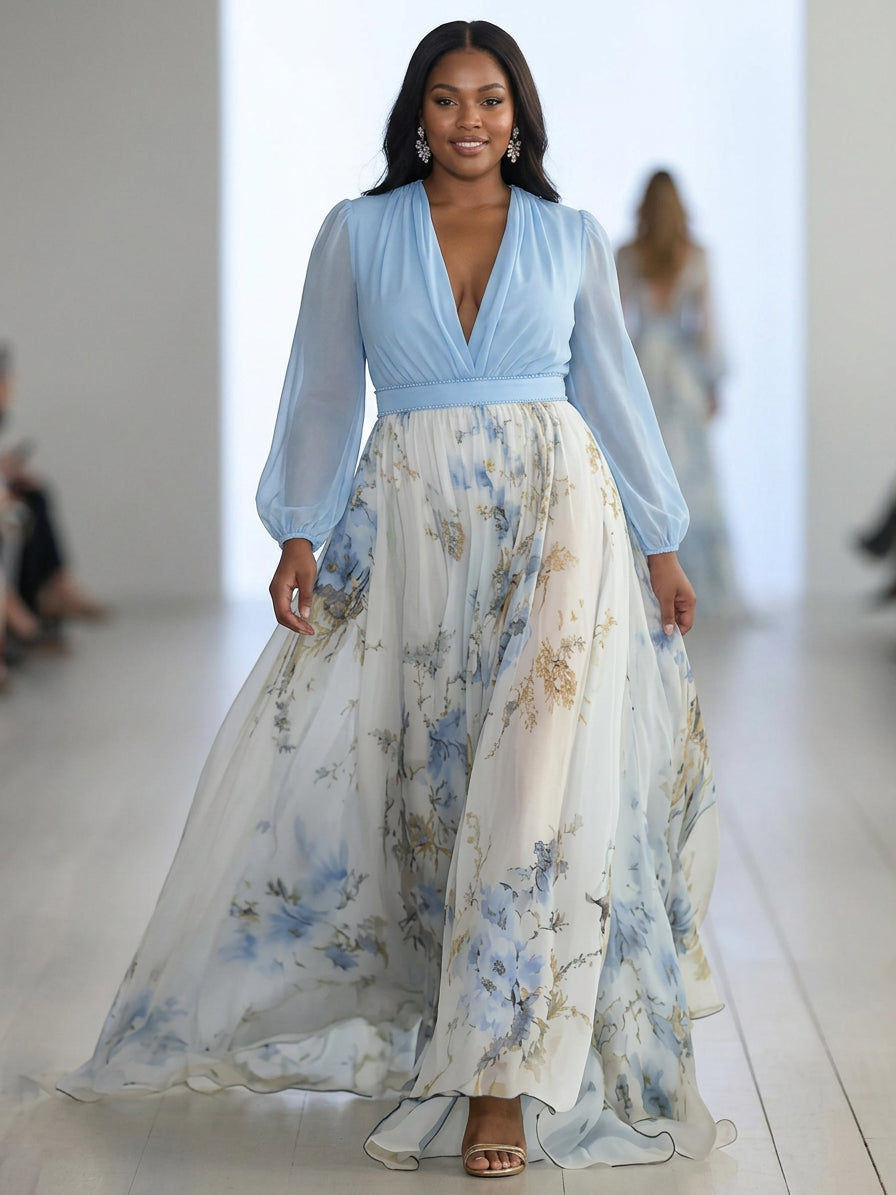 Dahlia | Robe Maxi V-Col en Imprimé Floral Éblouissant