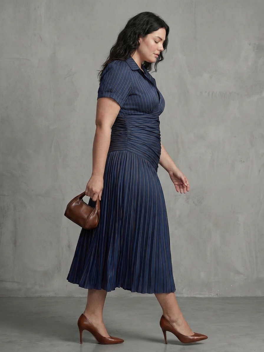 Vita | Robe Midi à Taille Plissée à Rayures
