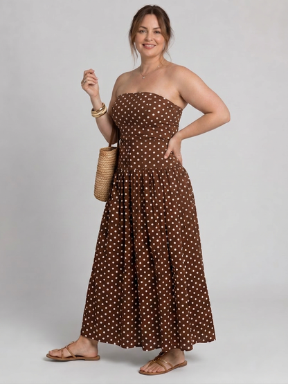 Olwen | Robe midi sans bretelles à motif pois