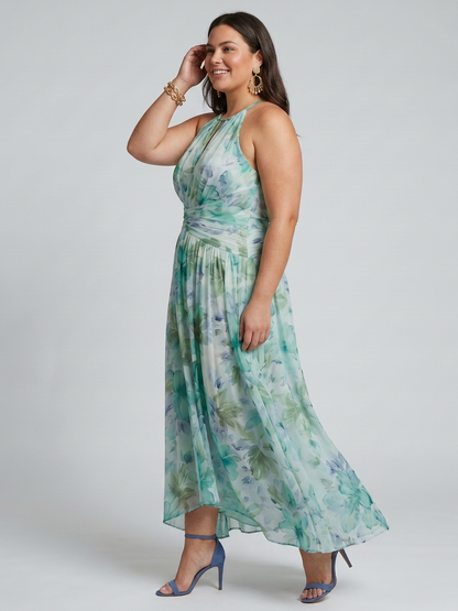 Safran | Robe Midi Plissée à Bretelles Douces avec Motif Floral