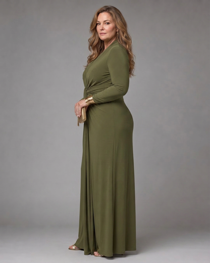 Vienne | Robe Maxi à Manches Longues et Décolleté V Profond Drapée