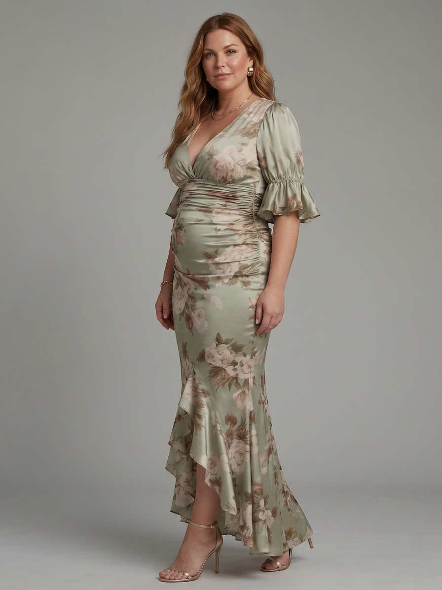Wilhelmina | Robe Midi à Manches Courtes en V avec Taille Froncée