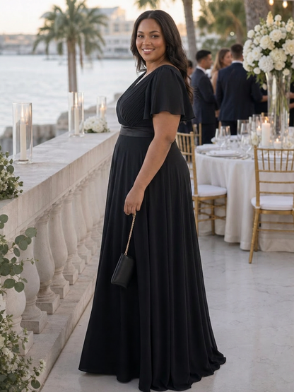 Cataleya | Robe maxi à manches courtes en flutter avec taille définie