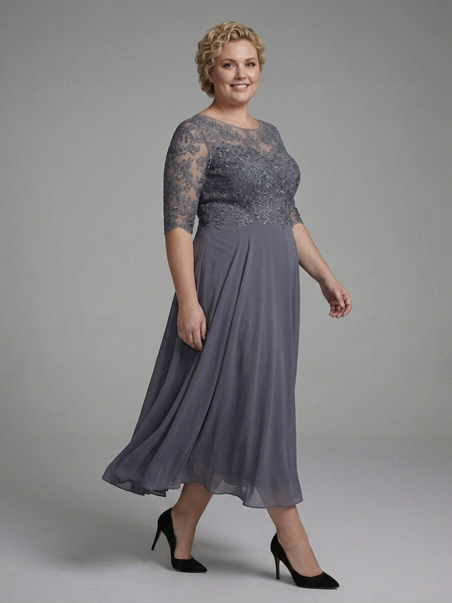 Anwen | Robe Midi avec Corsage en Dentelle et Manches Transparentes