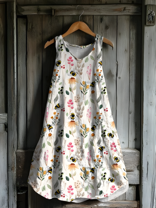 Amara - Robe en Lin avec Motif Abeille de Jardin Sauvage