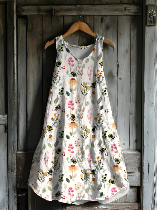 Amara - Robe en Lin avec Motif Abeille de Jardin Sauvage