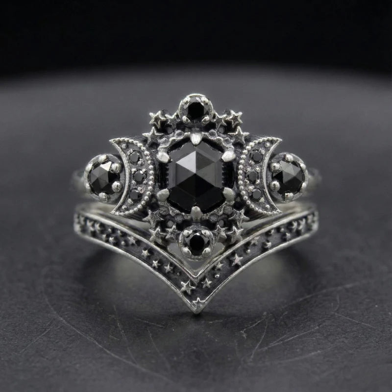 Bague Triple Lune Pierres Noires