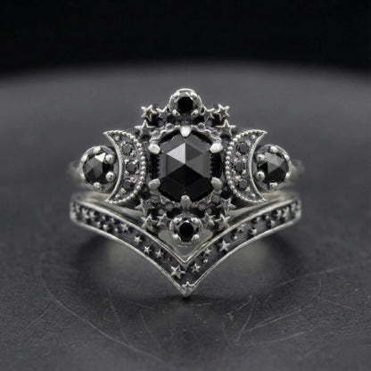 Bague Triple Lune Pierres Noires