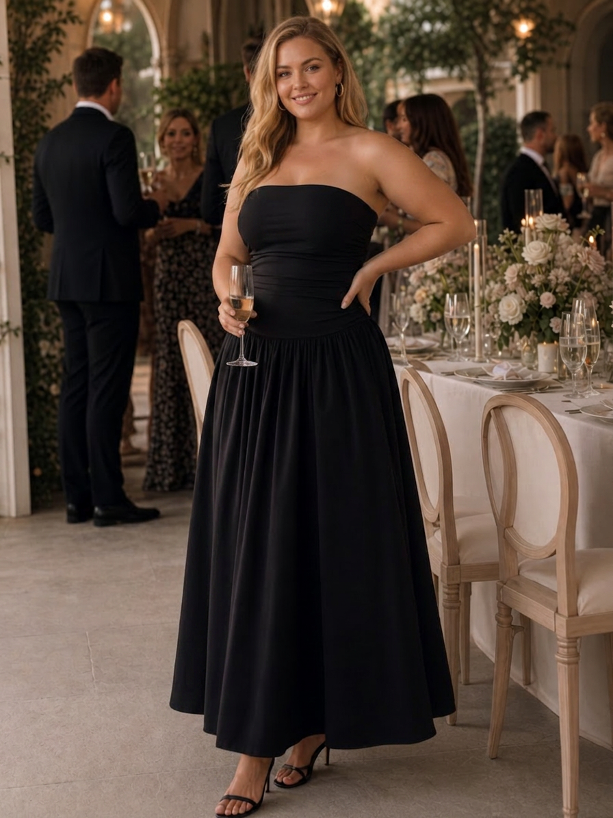 Clemence | Robe midi à corsage froncé sans bretelles