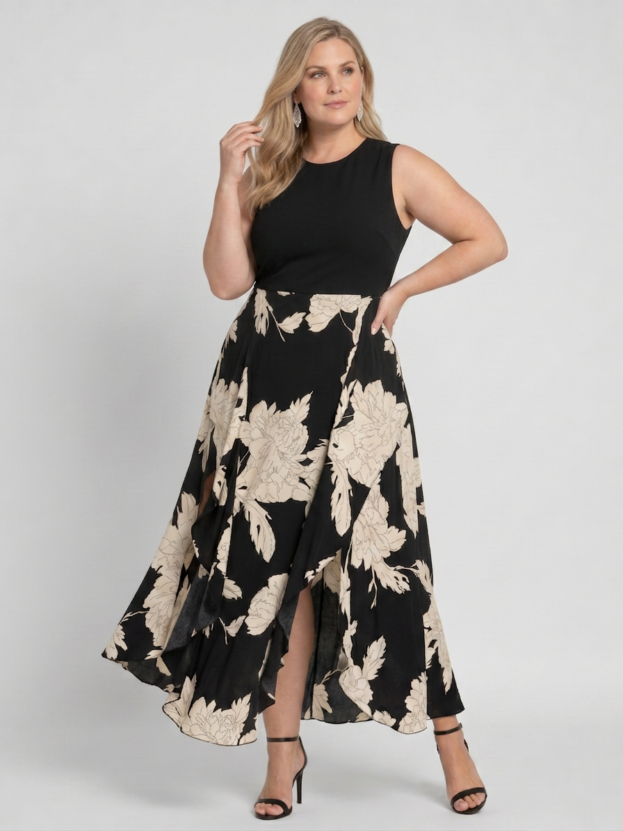 Shiloh | Robe midi sans manches à imprimé floral avec ourlet asymétrique