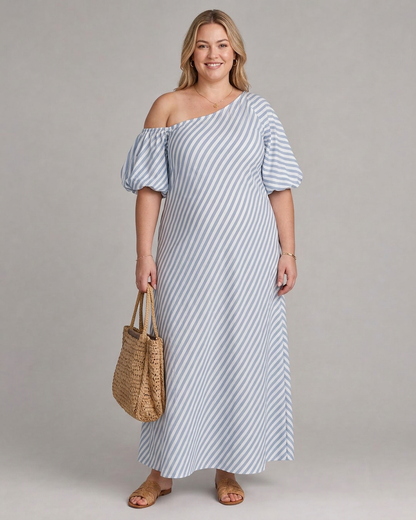 Seraphina | Robe Midi à Manches Bouffantes et Épaules Dégagées Rayée