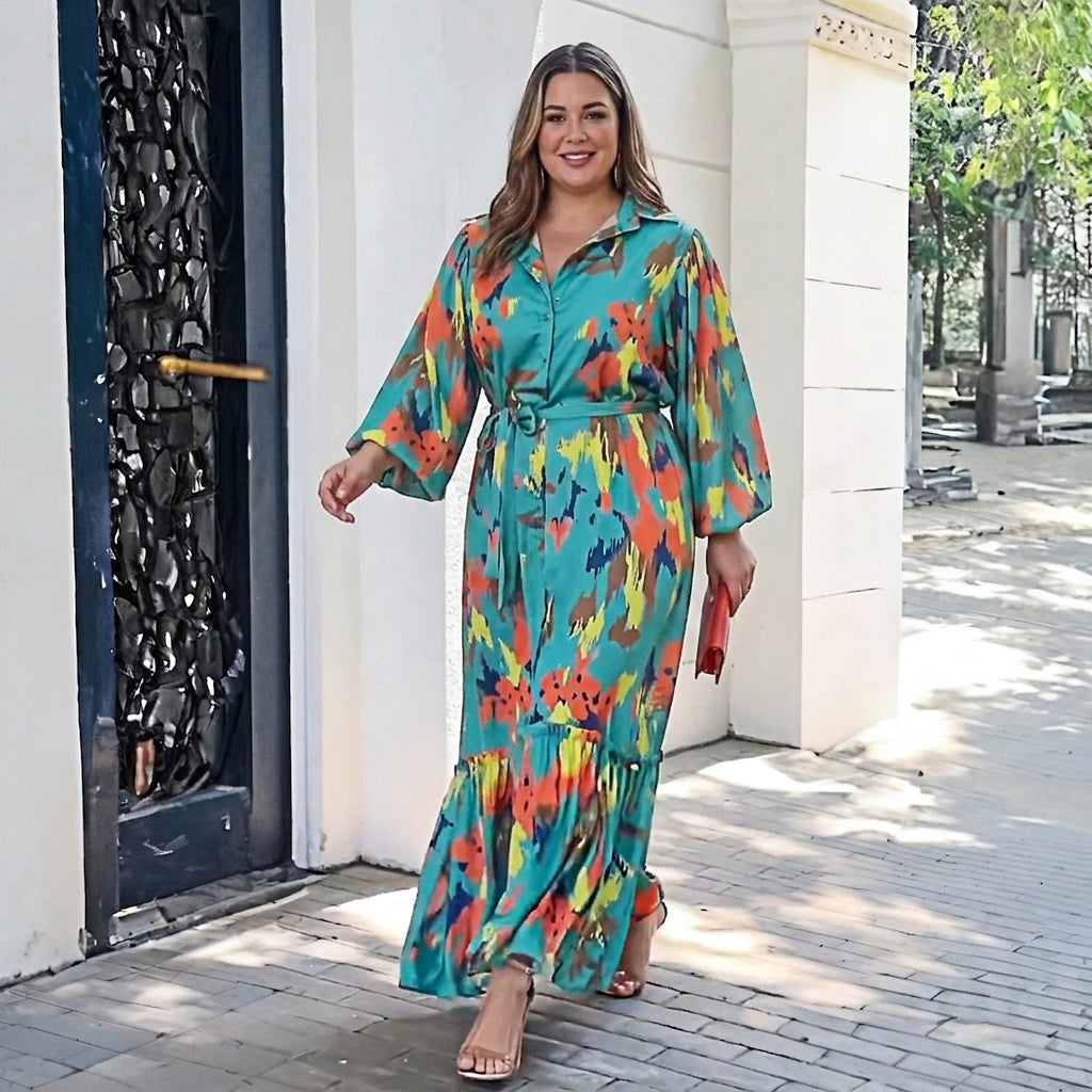 Robe Maxi à Revers Imprimée Jolie : Élégance Vintage Flottante