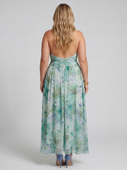 Safran | Robe Midi Plissée à Bretelles Douces avec Motif Floral
