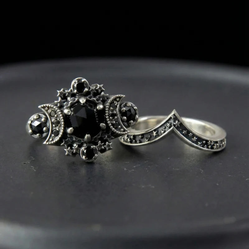 Bague Triple Lune Pierres Noires