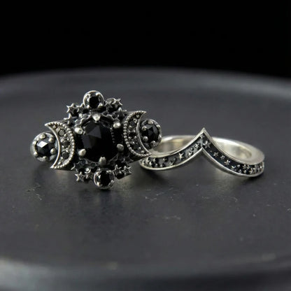 Bague Triple Lune Pierres Noires