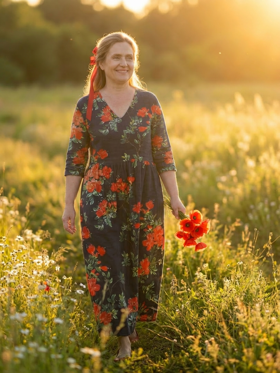 Hana | Robe Midi Fleurie Drapeau Calme