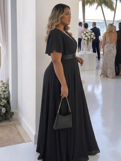 Cataleya | Robe maxi à manches courtes en flutter avec taille définie