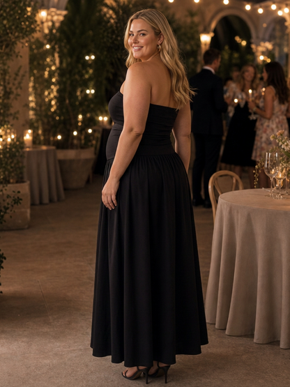 Clemence | Robe midi à corsage froncé sans bretelles