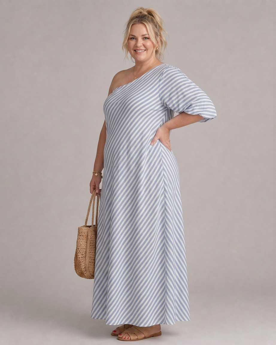 Seraphina | Robe Midi à Manches Bouffantes et Épaules Dégagées Rayée