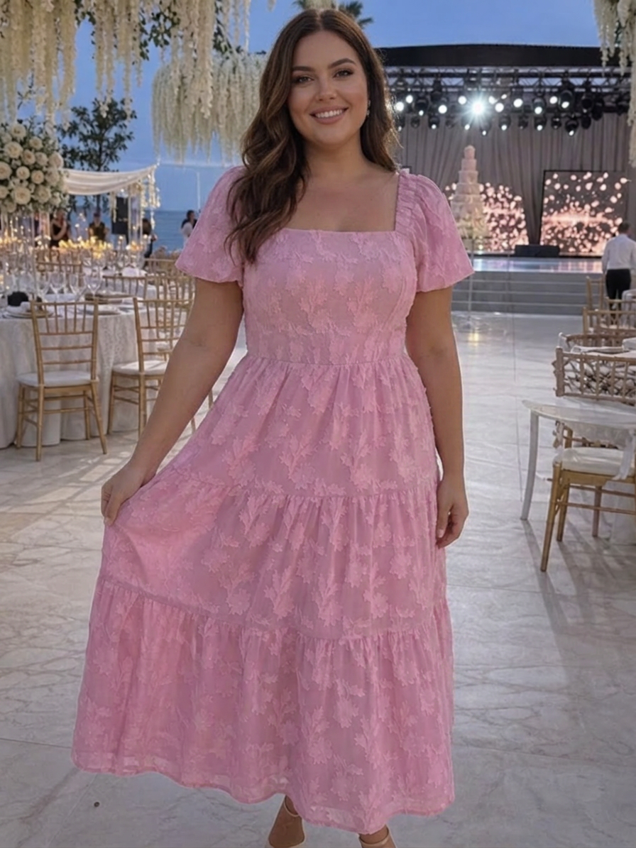 Belen | Robe Midi à Détail Floral Texturé à Manches Courtes