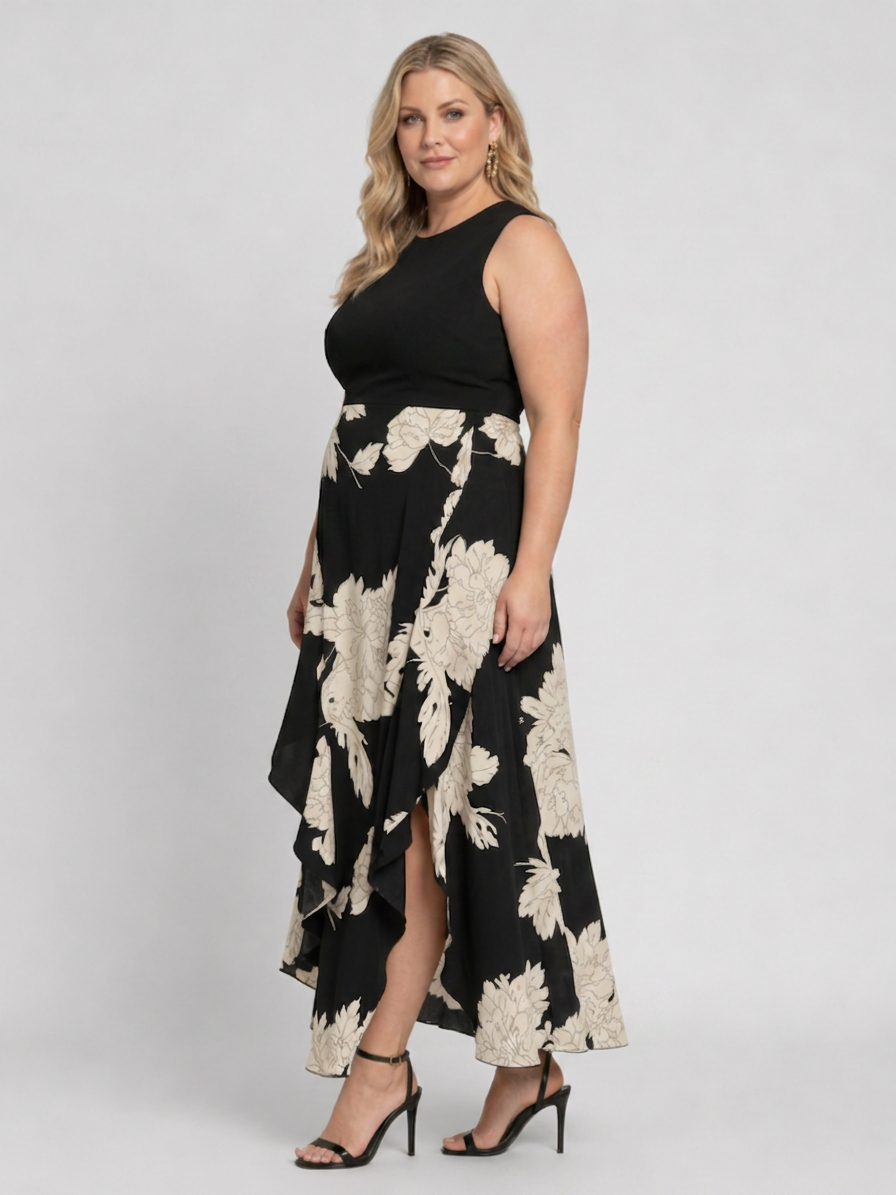 Shiloh | Robe midi sans manches à imprimé floral avec ourlet asymétrique