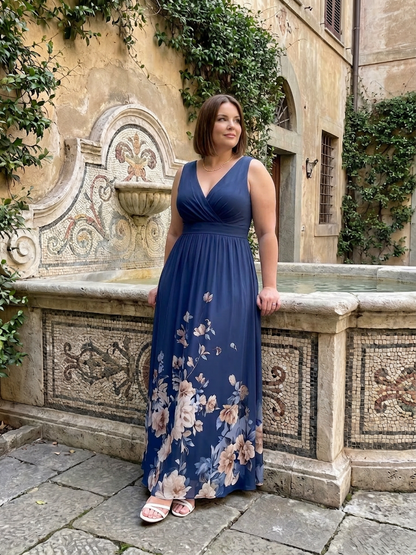 Wanda | Robe Midi Sans Manches à Encolure en V avec Ourlet Floral Doux