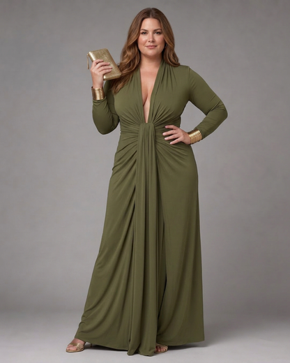 Vienne | Robe Maxi à Manches Longues et Décolleté V Profond Drapée