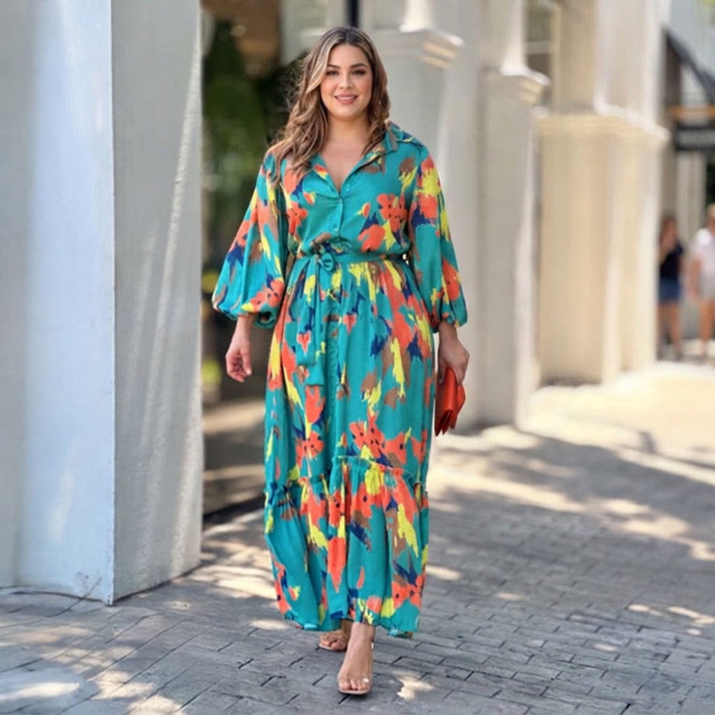 Robe Maxi à Revers Imprimée Jolie : Élégance Vintage Flottante
