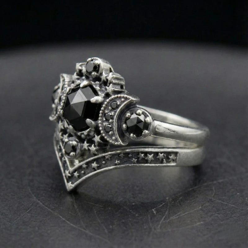 Bague Triple Lune Pierres Noires