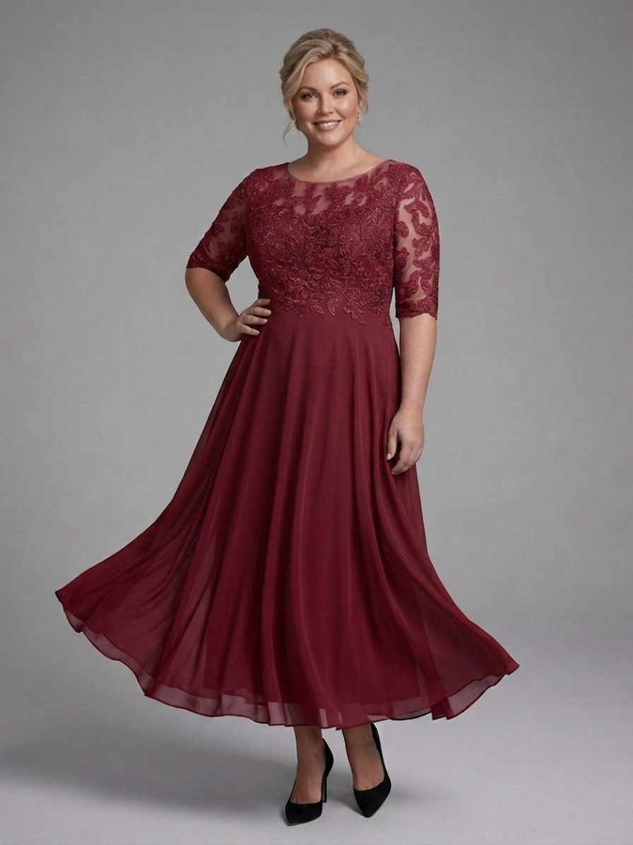 Anwen | Robe Midi avec Corsage en Dentelle et Manches Transparentes