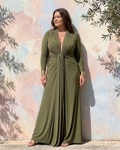 Vienne | Robe Maxi à Manches Longues et Décolleté V Profond Drapée