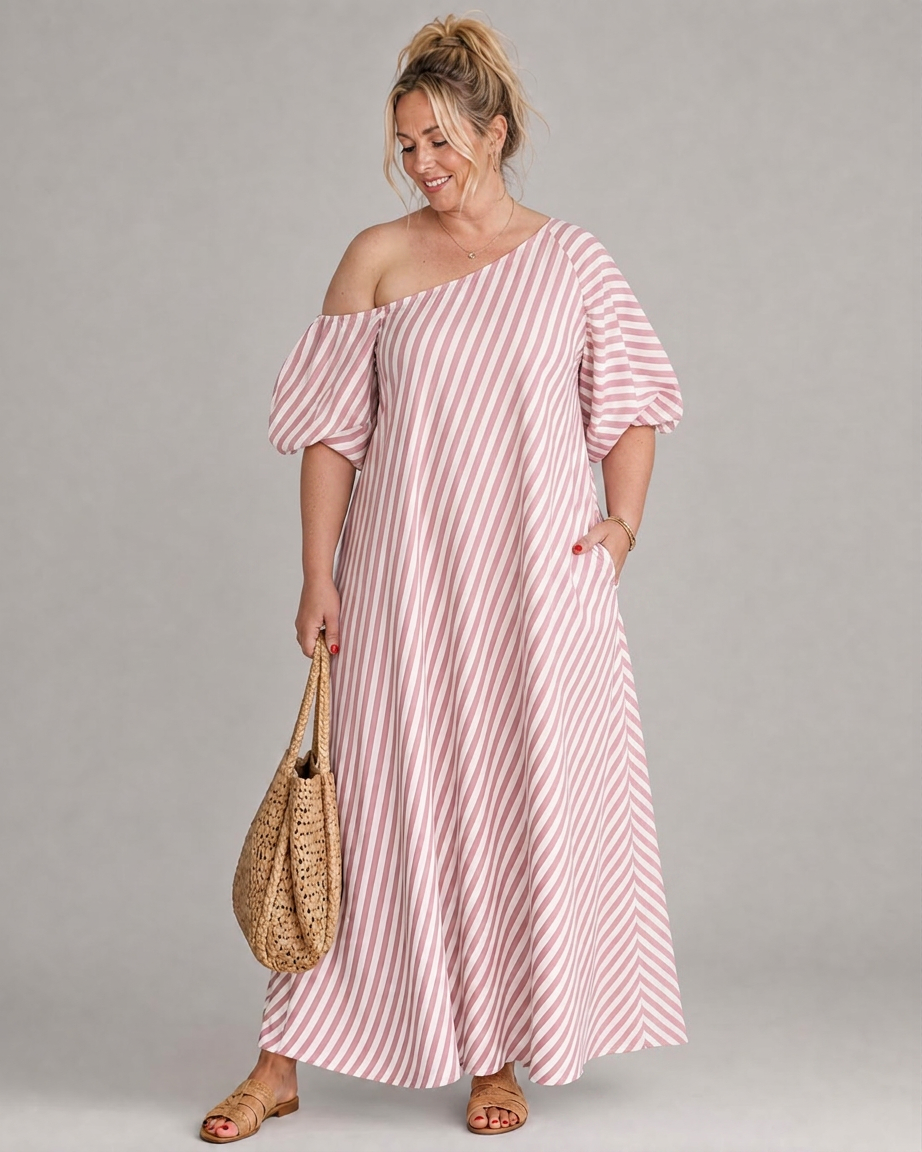 Seraphina | Robe Midi à Manches Bouffantes et Épaules Dégagées Rayée