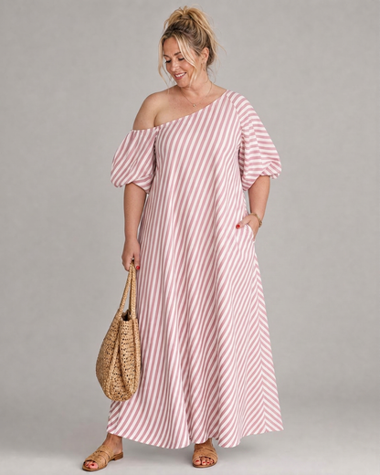 Seraphina | Robe Midi à Manches Bouffantes et Épaules Dégagées Rayée