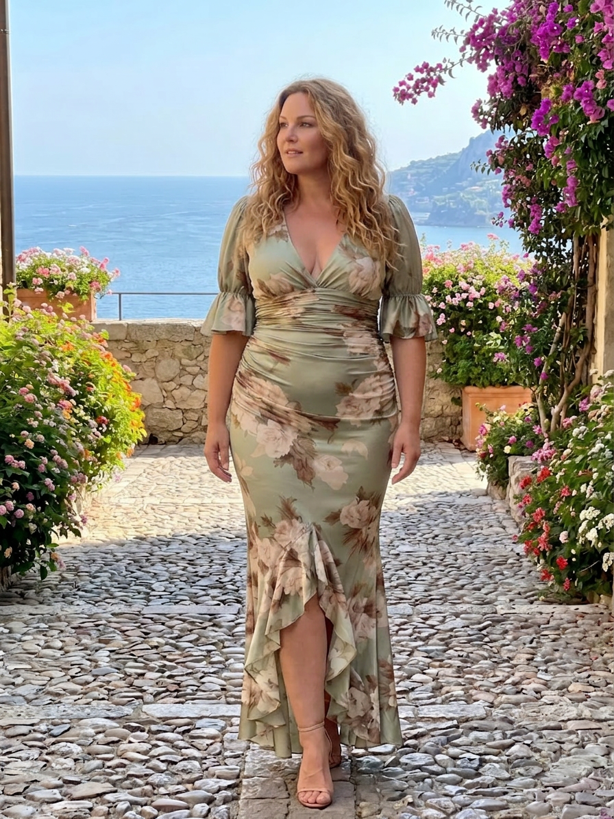 Wilhelmina | Robe Midi à Manches Courtes en V avec Taille Froncée