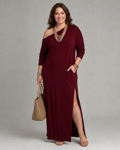 Magnolia | Robe Midi Fluide à Épaule Dénudée avec Fente Latérale