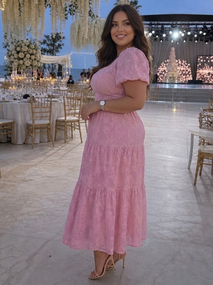 Belen | Robe Midi à Détail Floral Texturé à Manches Courtes