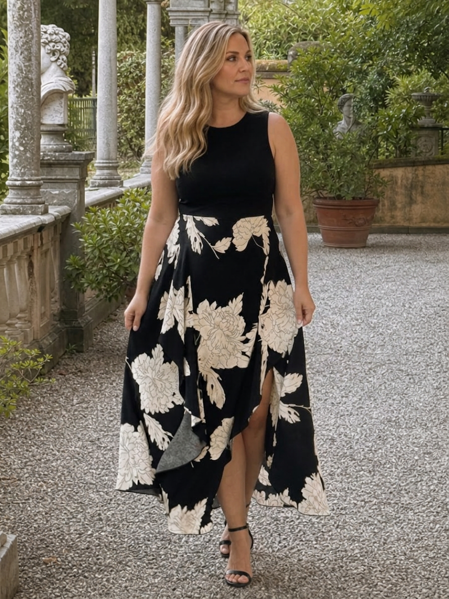 Shiloh | Robe midi sans manches à imprimé floral avec ourlet asymétrique
