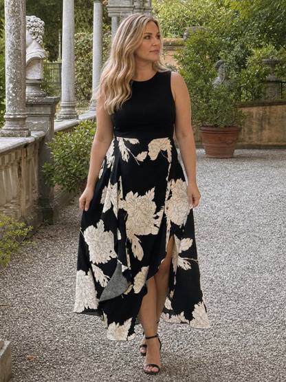 Shiloh | Robe midi sans manches à imprimé floral avec ourlet asymétrique