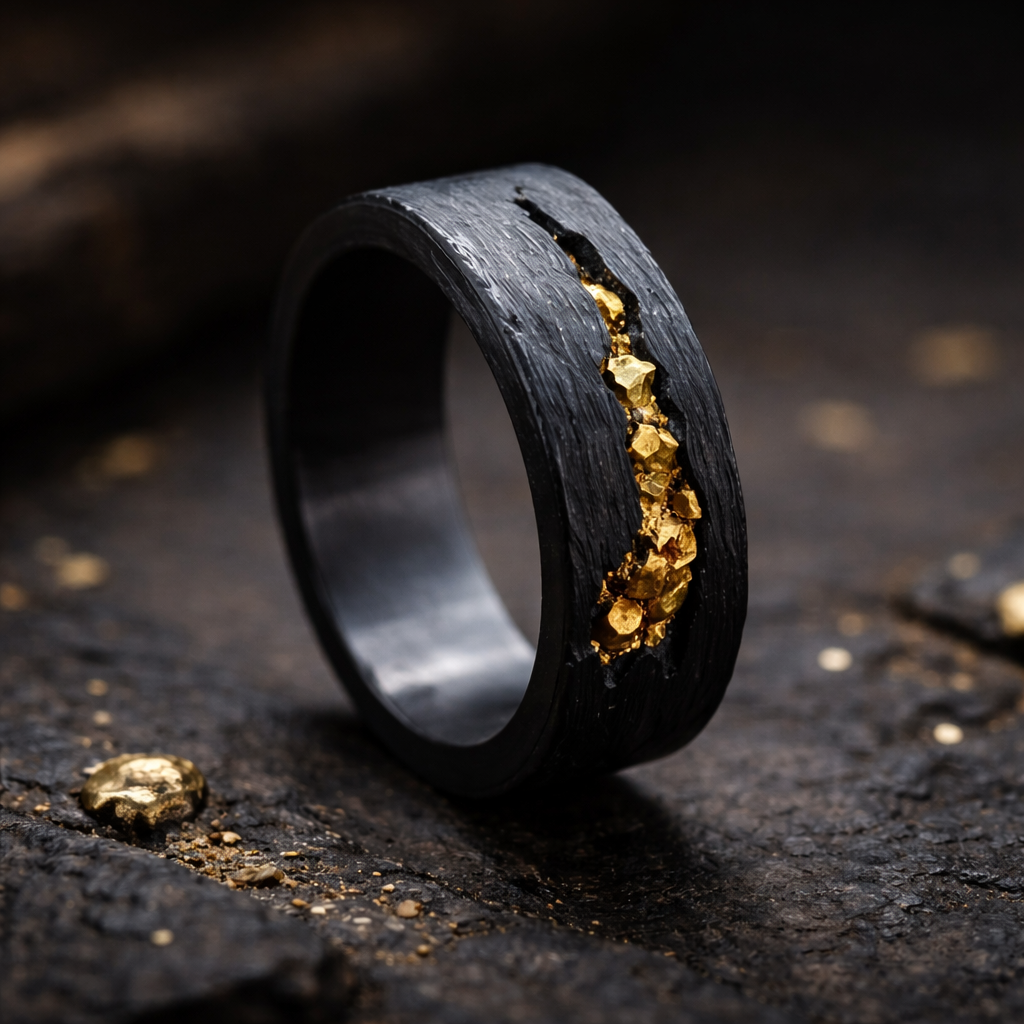 Bague Titane Noir Veine Dorée