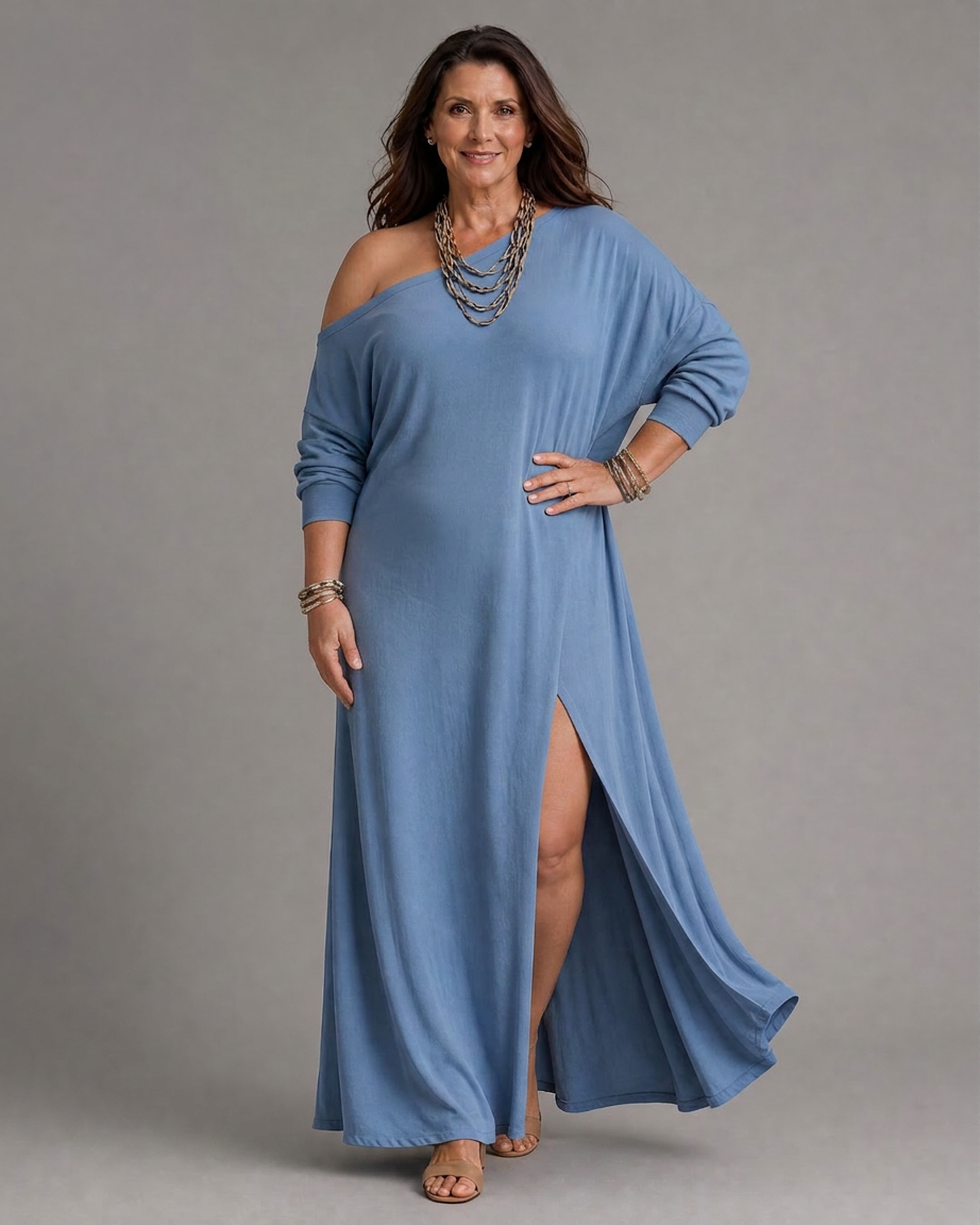 Magnolia | Robe Midi Fluide à Épaule Dénudée avec Fente Latérale