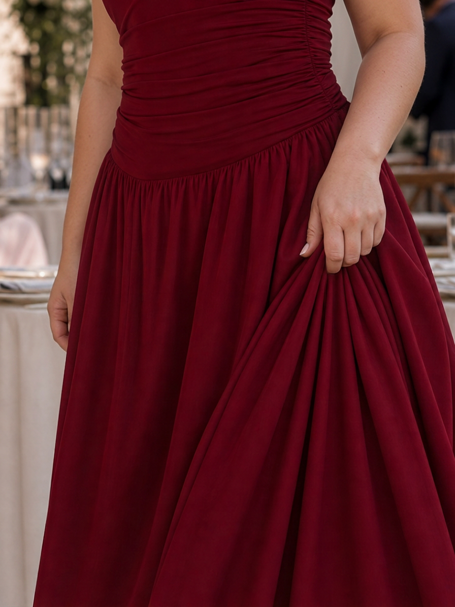 Clemence | Robe midi à corsage froncé sans bretelles