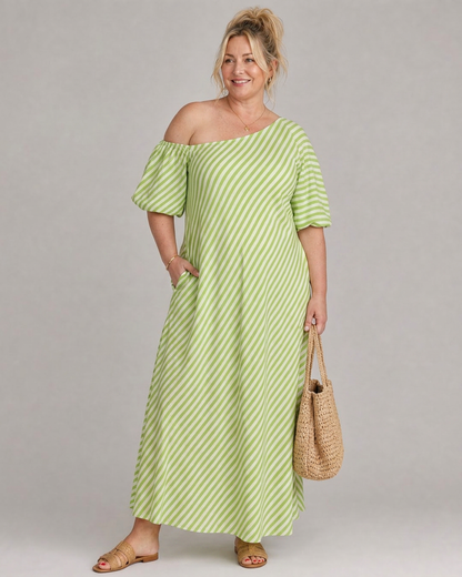 Seraphina | Robe Midi à Manches Bouffantes et Épaules Dégagées Rayée