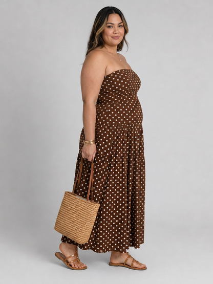 Olwen | Robe midi sans bretelles à motif pois