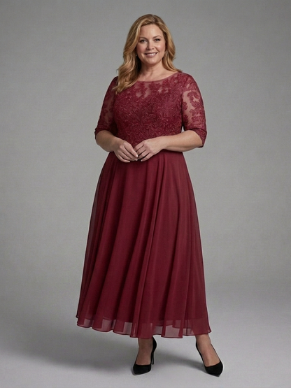 Anwen | Robe Midi avec Corsage en Dentelle et Manches Transparentes