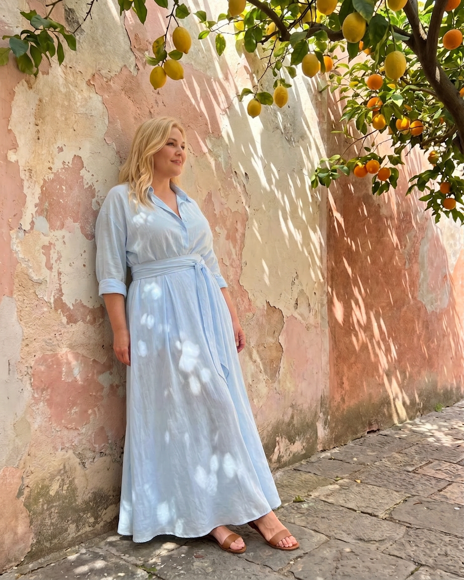 Astrid | Robe midi fluide à col ceinturé et manches longues
