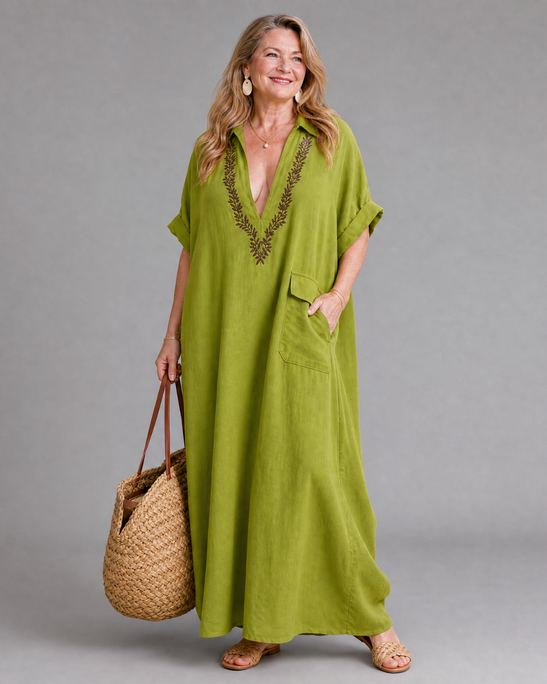 Posy | Robe Maxi Détail Poche Brodée à Col V Détendu