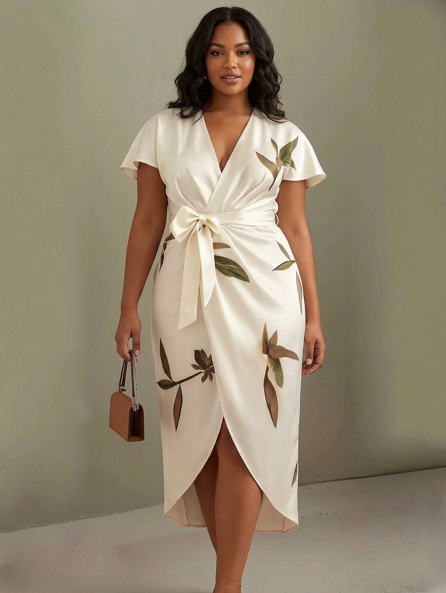 Rosa | Robe Midi Satin à Manches Courtes Blanche