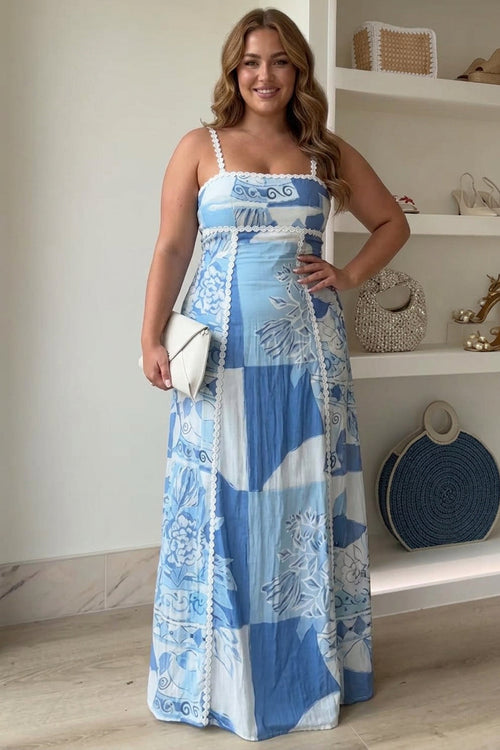 Mira | Robe Maxi Imprimée avec Nœud au Dos en Ric Rac